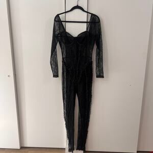 Fashion Nova Poster Girl Lace and Beaded Trending Viral Sexy Jumpsuit Bodysuit M